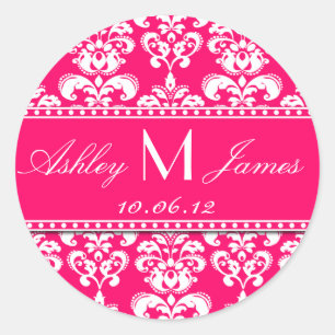 Pink White Monogram Damask Save the Date Stickers