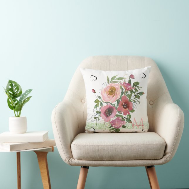 Pink White Monogram Floral  Cushion (Chair)