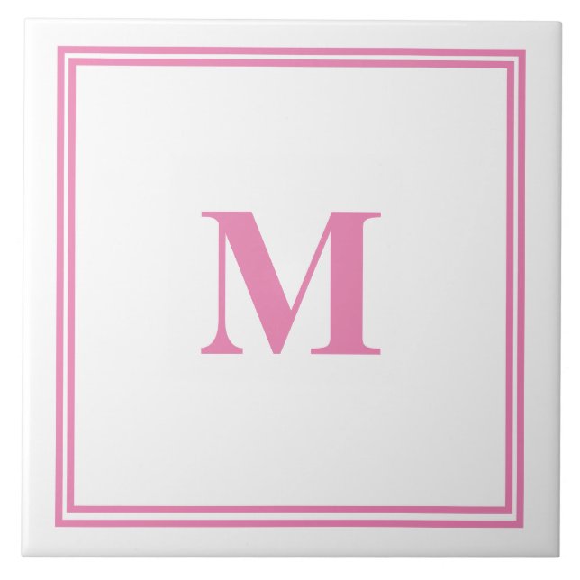 Pink White Monogram Initial Custom Name Striped Tile (Front)