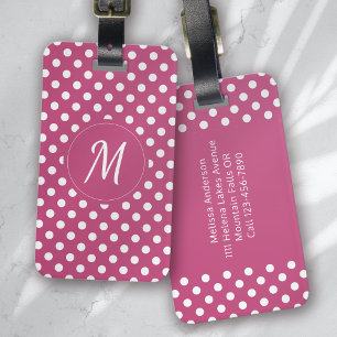 Pink White Monogram Polka Dots Luggage Tag