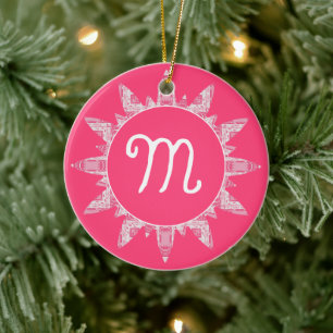 Pink White Monogram Snowflake Star Christmas Tree Ceramic Tree Decoration