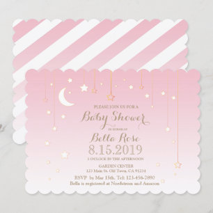 Pink White Moon Star Girl Baby Shower Invite