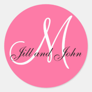 Pink White Names Monogram M Wedding Sticker