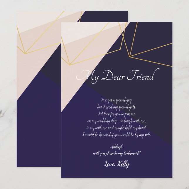 Pink white navy blue & gol   will be my bridesmaid invitation (Front/Back)