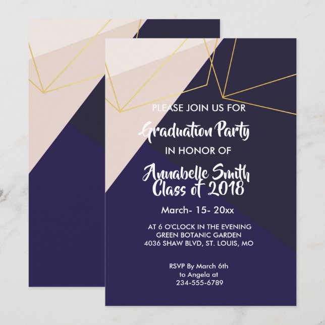 Pink white navy blue & gold geometric  Graduation Invitation (Front/Back)