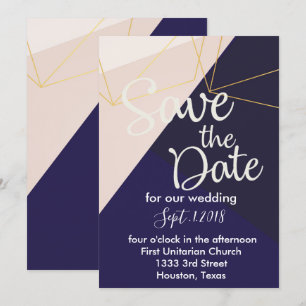 Pink white navy blue & gold geometricsave the date invitation