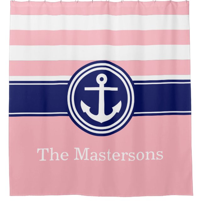 Pink White Navy Blue Nautical Stripe Anchor CB Shower Curtain (Front)