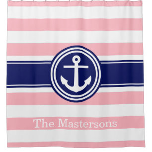Pink White Navy Blue Nautical Stripe Anchor Shower Curtain