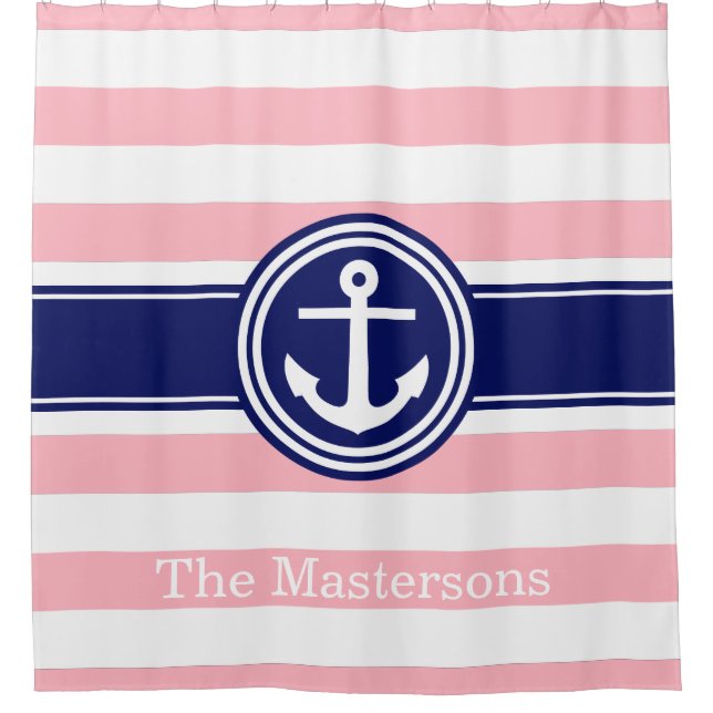 Pink White Navy Blue Nautical Stripe Anchor Shower Curtain (Front)