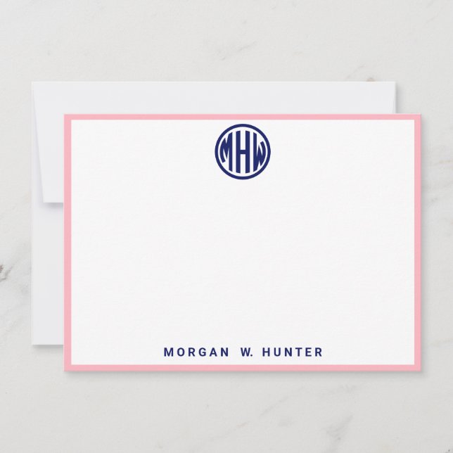 Pink White Navy Circle Monogram Font DIY BG Thank You Card (Front)