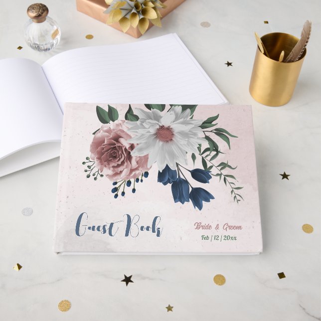 pink white navy flowers greenery wedding guest book (Front Open)
