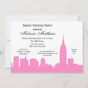Pink White NYC Skyline Silhouette Sweet Sixteen Invitation