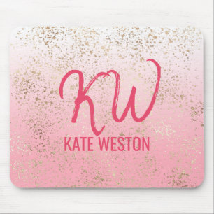 Pink White Ombre Speckled Gold Flakes Monogram Mouse Mat
