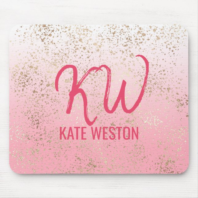 Pink White Ombre Speckled Gold Flakes Monogram Mouse Mat (Front)