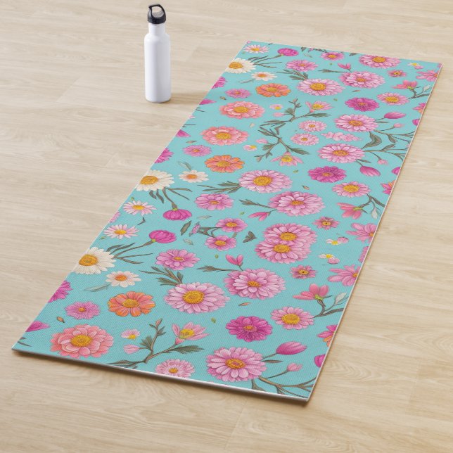 pink white orange floral green leaves teal  yoga mat (In Situ)