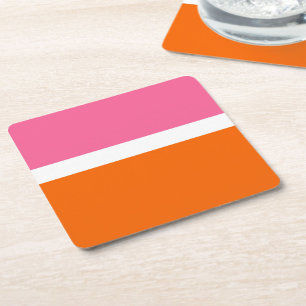 Pink White Orange Plain Colour Block Design Square Paper Coaster