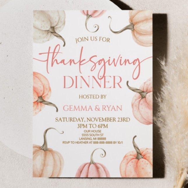 Pink White Orange Pumpkin Thanksgiving Dinner Invitation (Creator Uploaded)