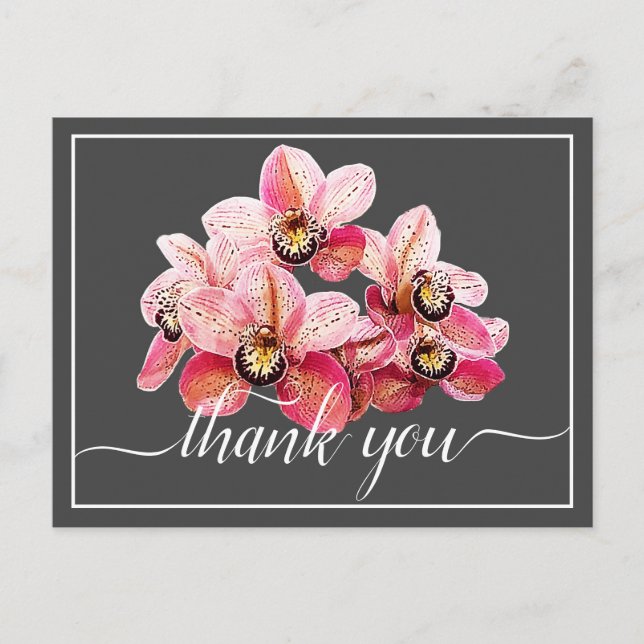 Pink & White Orchids Grey Background Thank You Postcard (Front)