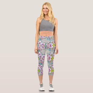 Pink White Pansies near Water Watercolor Capri Leggings