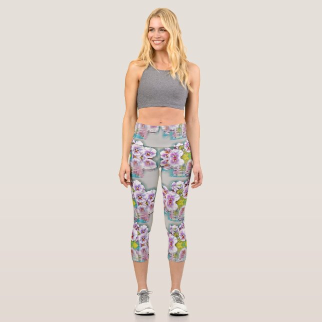 Pink White Pansies near Water Watercolor Capri Leggings (Front)