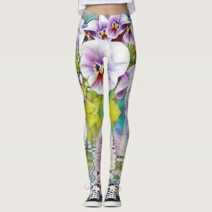 Pink White Pansies near Water Watercolor Leggings