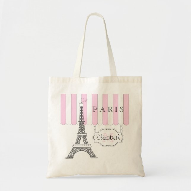 Pink | White Paris Eiffel Tower Monogram Name Tote (Front)