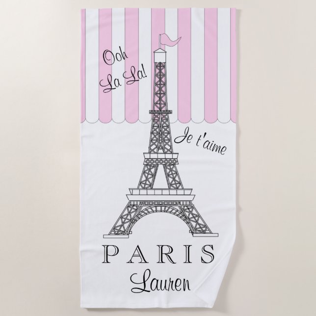 Pink | White Paris Eiffel Tower Ooh La La Beach Towel (Front)