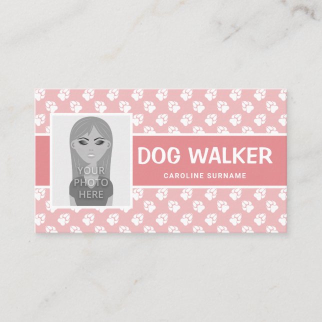 Pink & White Paws With Photo Template - Dog Walker Business Card (Front)