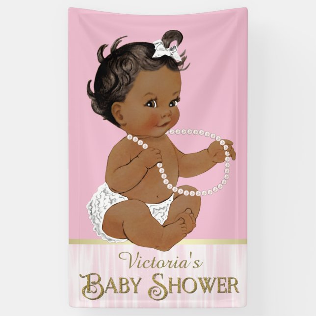 Pink White Pearl African American Girl Baby Shower Banner (Vertical)