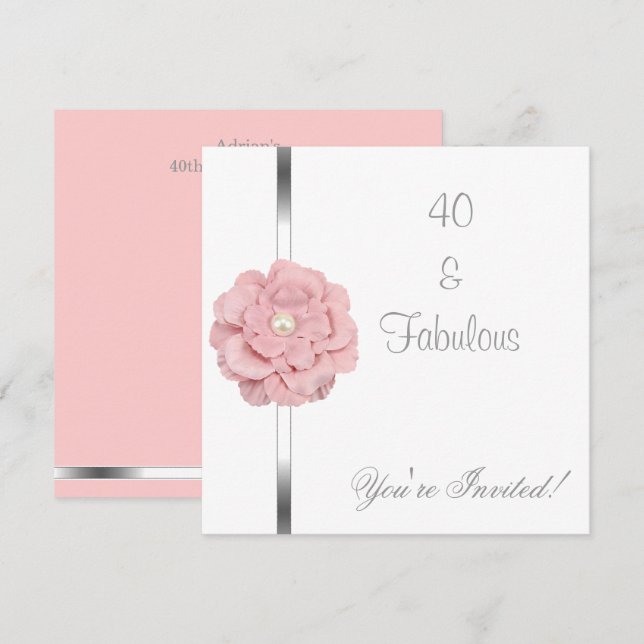 Pink White Pearl Flower Fabulous 40th Birthday Invitation (Front/Back)