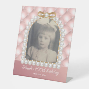 Pink White Pearls 100th Birthday Vintage Photo Pedestal Sign