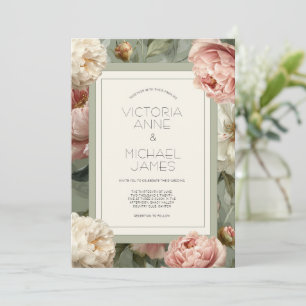 Pink & White Peonies Floral Wedding Invitation