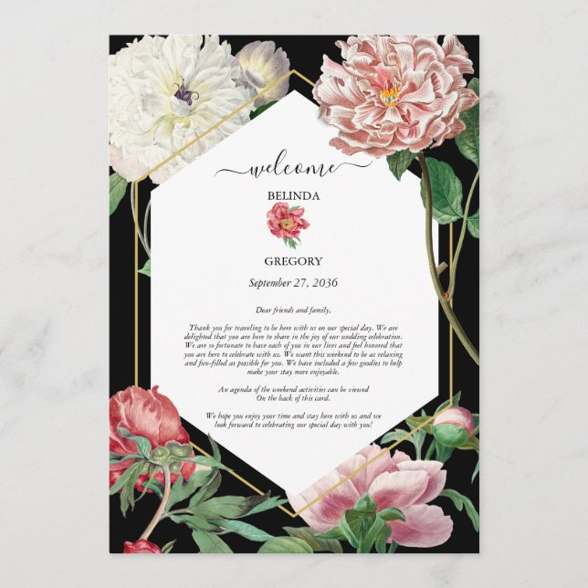Pink White Peonies Flowers Wedding Itinerary Black Programme (Front)