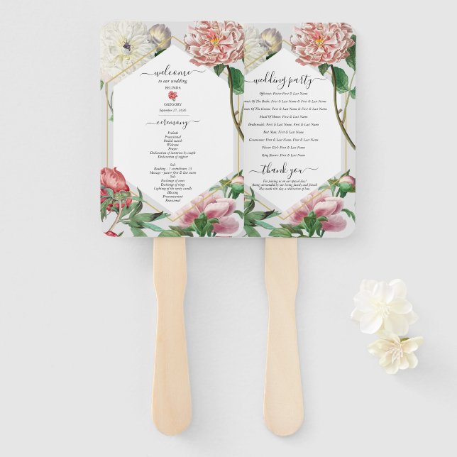 Pink White Peonies Flowers Wedding Program Hand Fan (Front and Back)