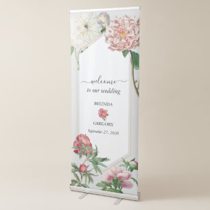 Pink White Peonies Flowers Wedding Welcome Retractable Banner