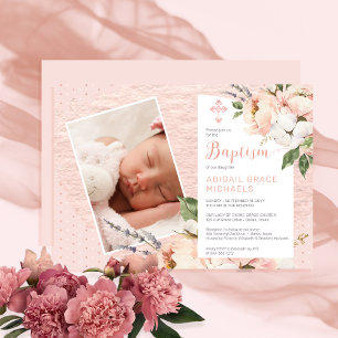 Pink   White Peony Blooms Girl Baby Photo Baptism Invitation