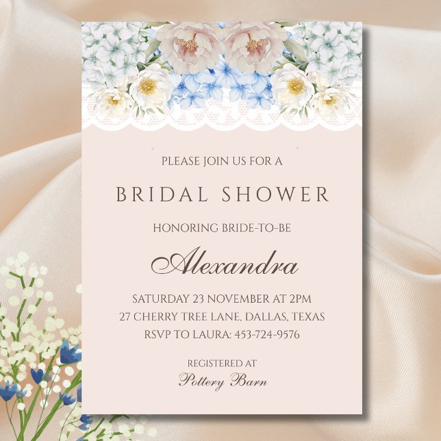 Pink White Peony Blue Hydrangea Bridal Shower Invitation (Creator Uploaded)