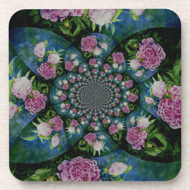 Pink white peony floral watercolor mandala coaster (Front)