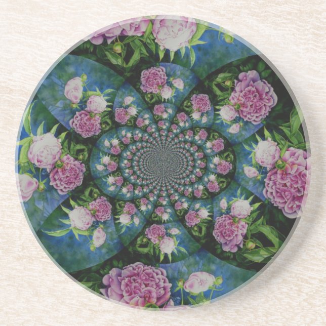 Pink white peony floral watercolor mandala coaster (Front)
