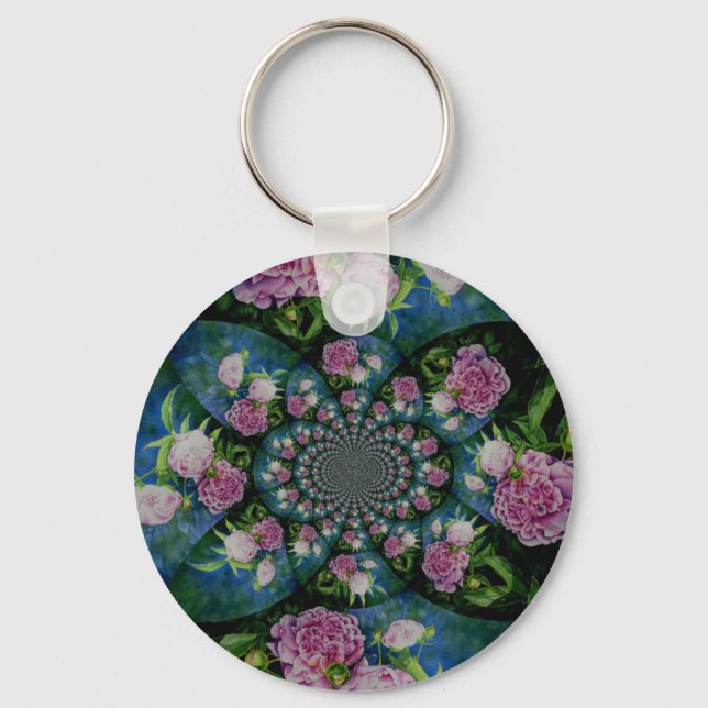 Pink white peony floral watercolor mandala key ring (Front)