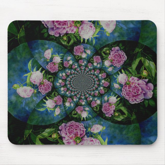 Pink white peony floral watercolor mandala mouse mat (Front)