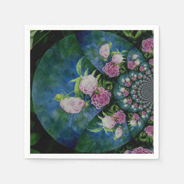 Pink white peony floral watercolor mandala napkin (Front)