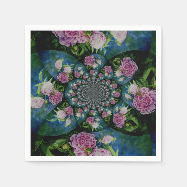 Pink white peony floral watercolor mandala napkin (Front)