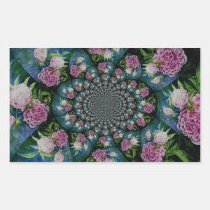 Pink white peony floral watercolor mandala rectangular sticker