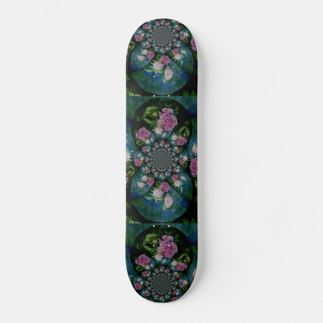Pink white peony floral watercolor mandala skateboard (Front)