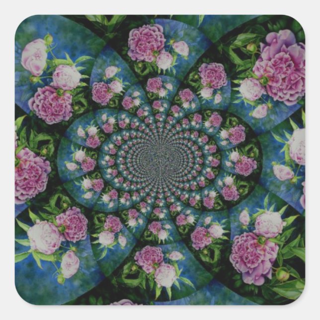 Pink white peony floral watercolor mandala square sticker (Front)