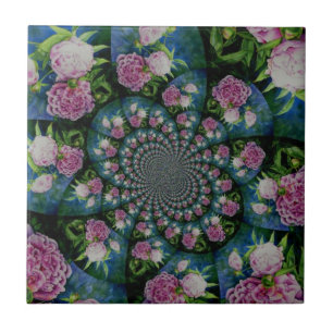 Pink white peony floral watercolor mandala tile