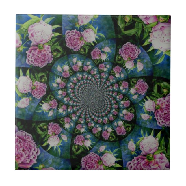 Pink white peony floral watercolor mandala tile (Front)