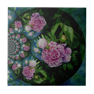 Pink white peony floral watercolor mandala tile