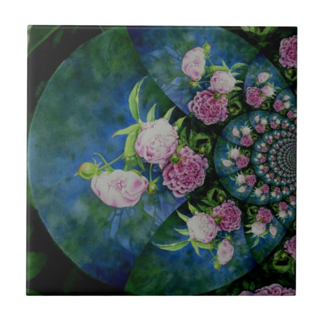 Pink white peony floral watercolor mandala tile (Front)